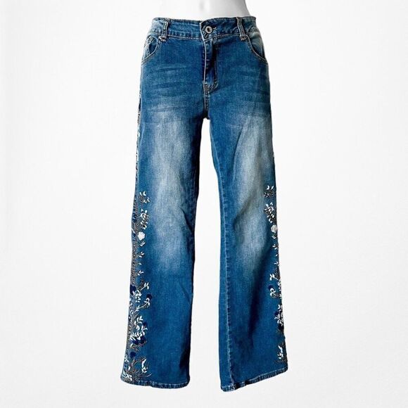 Vintage Y2K Blue Dark Wash High Waisted Floral Bootcut Denim Jeans Size S - Picture 3 of 6